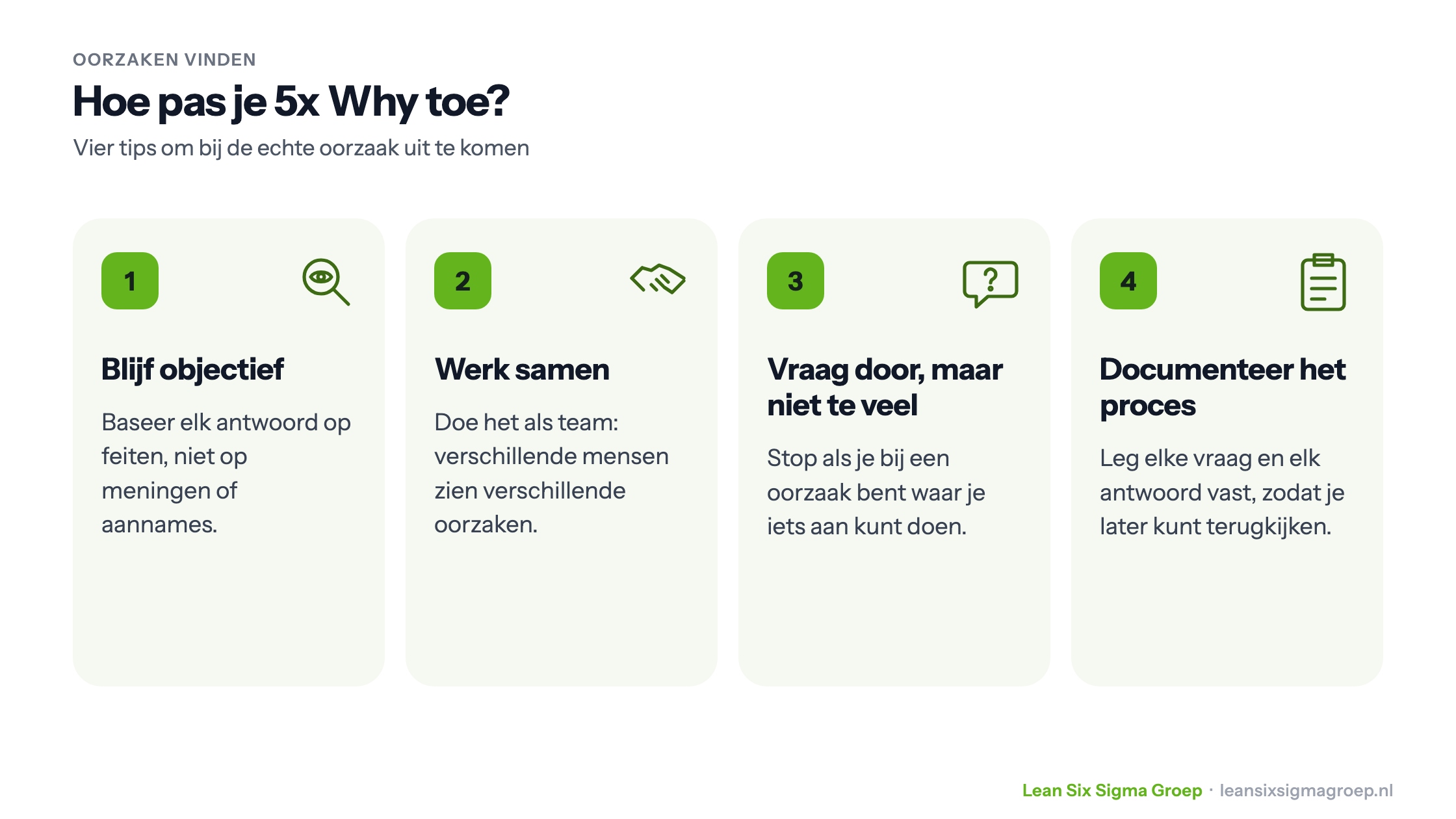 Hoe pas je 5x Why toe: blijf objectief, werk samen, vraag door maar niet te veel, documenteer het proces