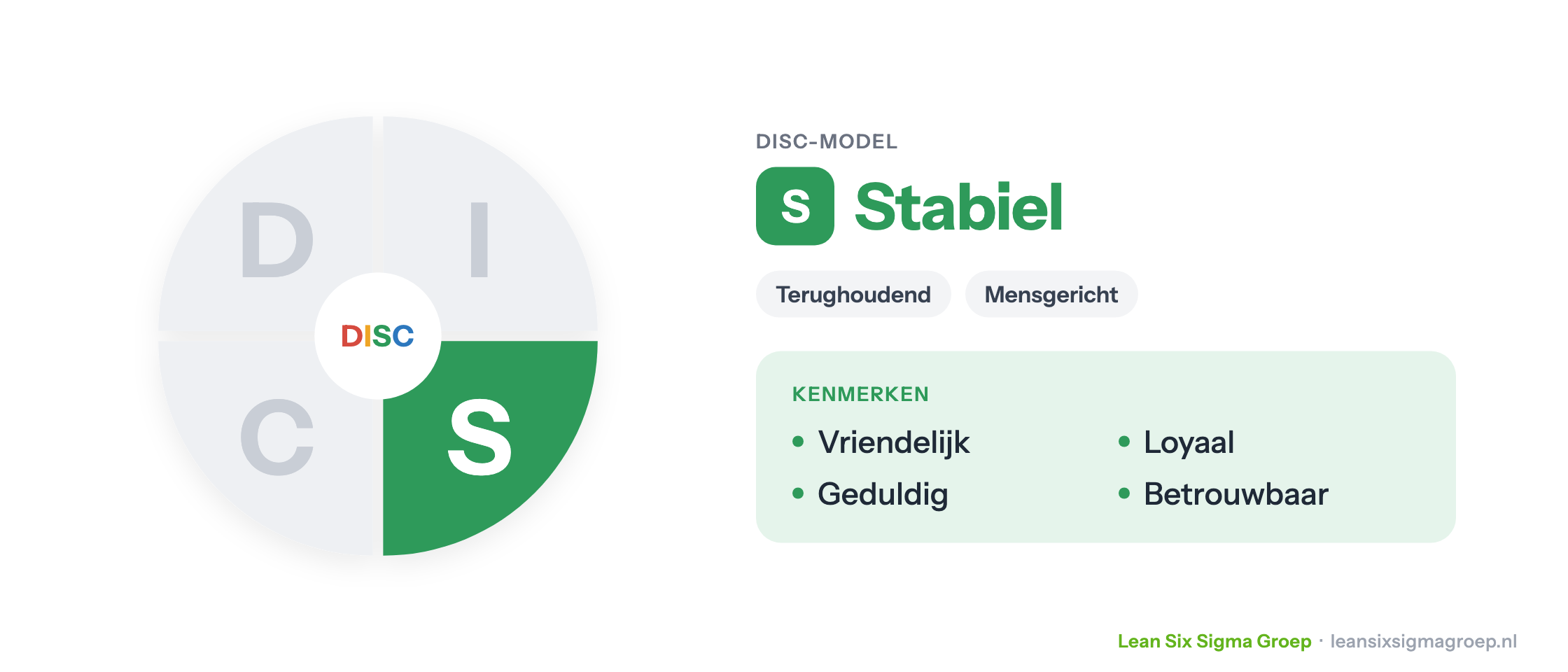 DISC-stijl Stabiel (groen): terughoudend en mensgericht; vriendelijk, loyaal, geduldig, betrouwbaar