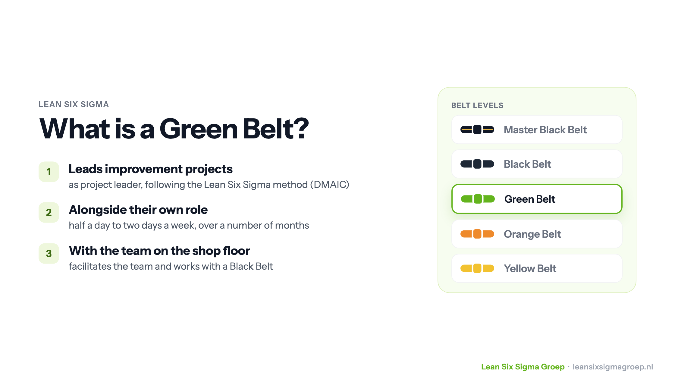 What is a Green Belt: leads improvement projects alongside their own role, together with the team on the shop floor
