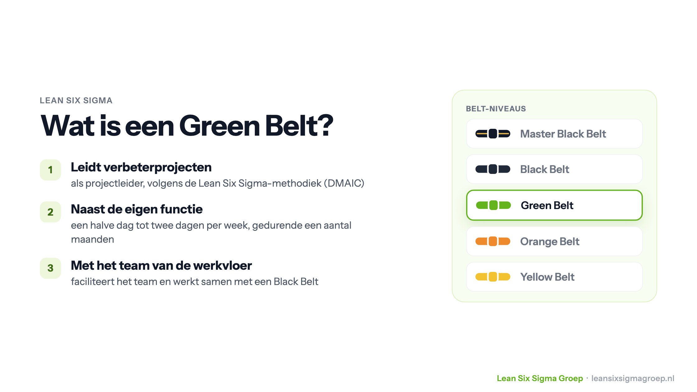 Wat is een Green Belt: leidt verbeterprojecten naast de eigen functie, samen met het team van de werkvloer