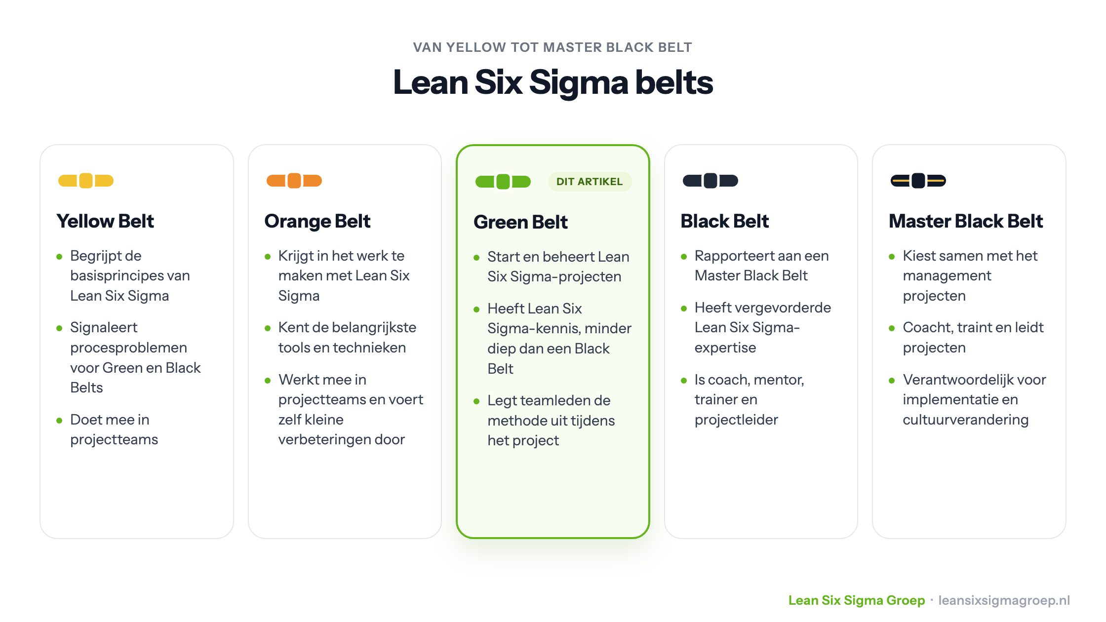 De vijf Lean Six Sigma belts naast elkaar: Yellow, Orange, Green, Black en Master Black Belt met hun kenmerken