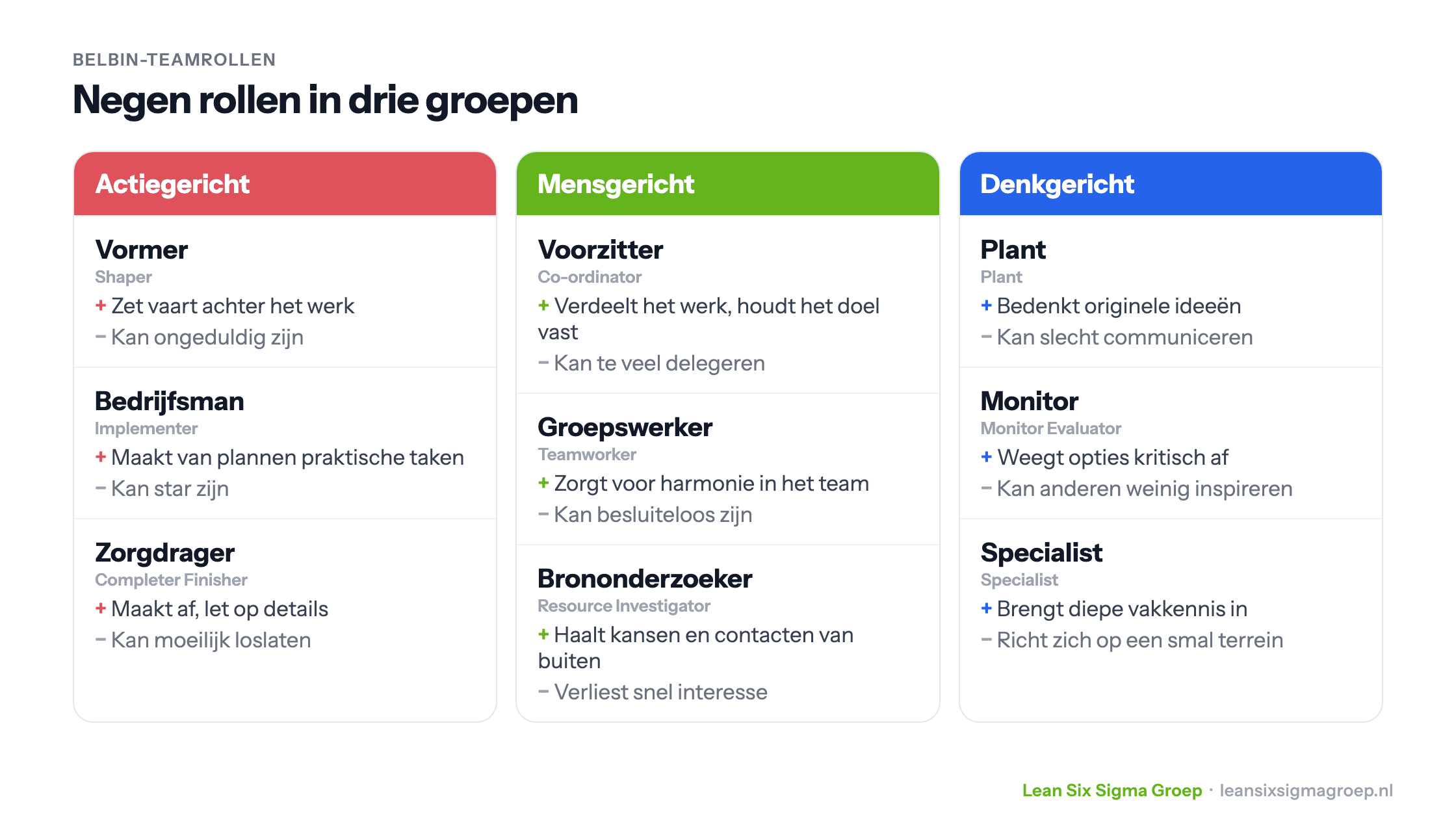 De negen Belbin-teamrollen in drie groepen (actiegericht, mensgericht en denkgericht), elk met de sterke kant en de valkuil