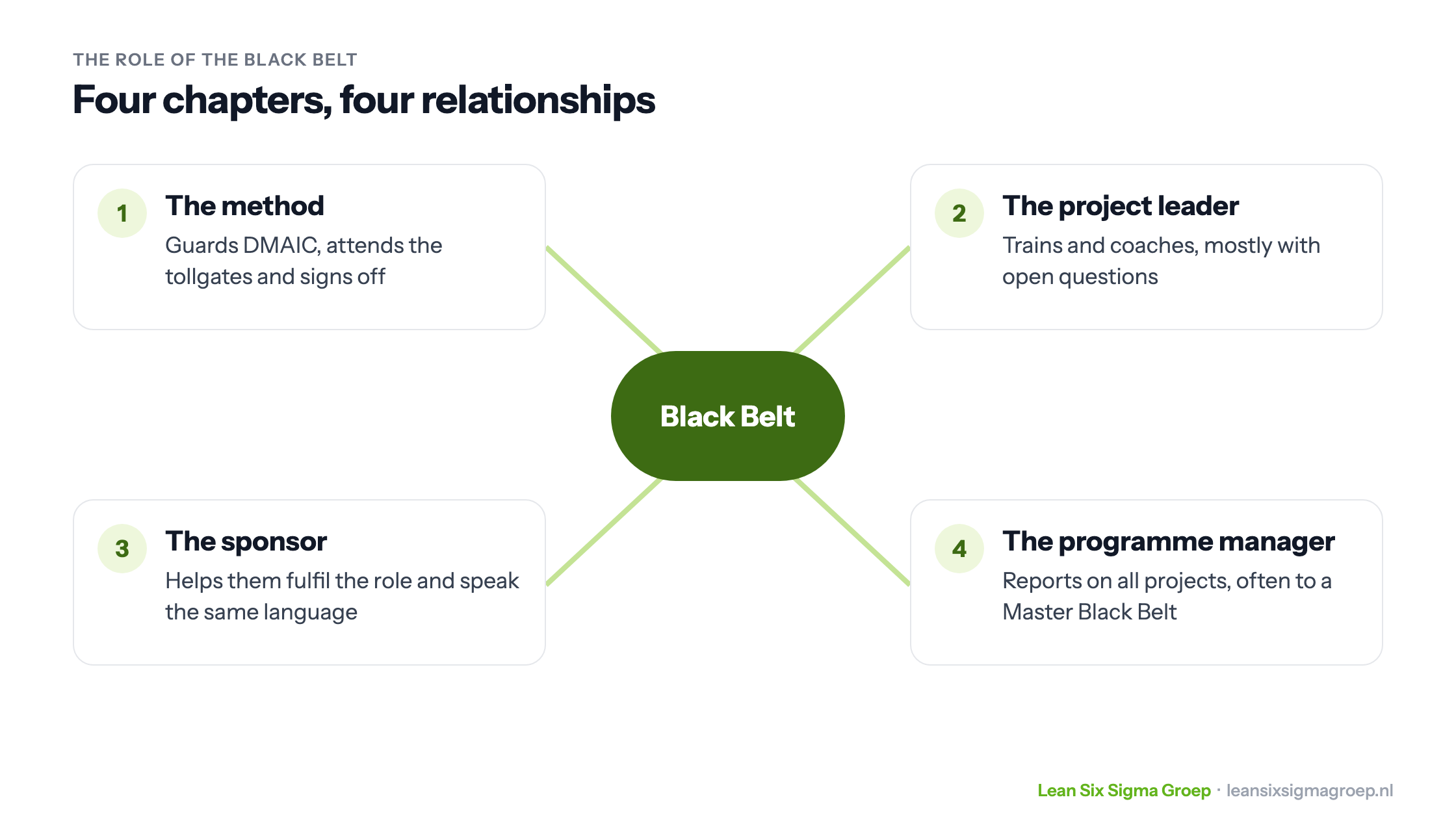 The role of the Black Belt in four chapters: guarding the method, coaching the project leader, helping the sponsor and reporting to the programme manager