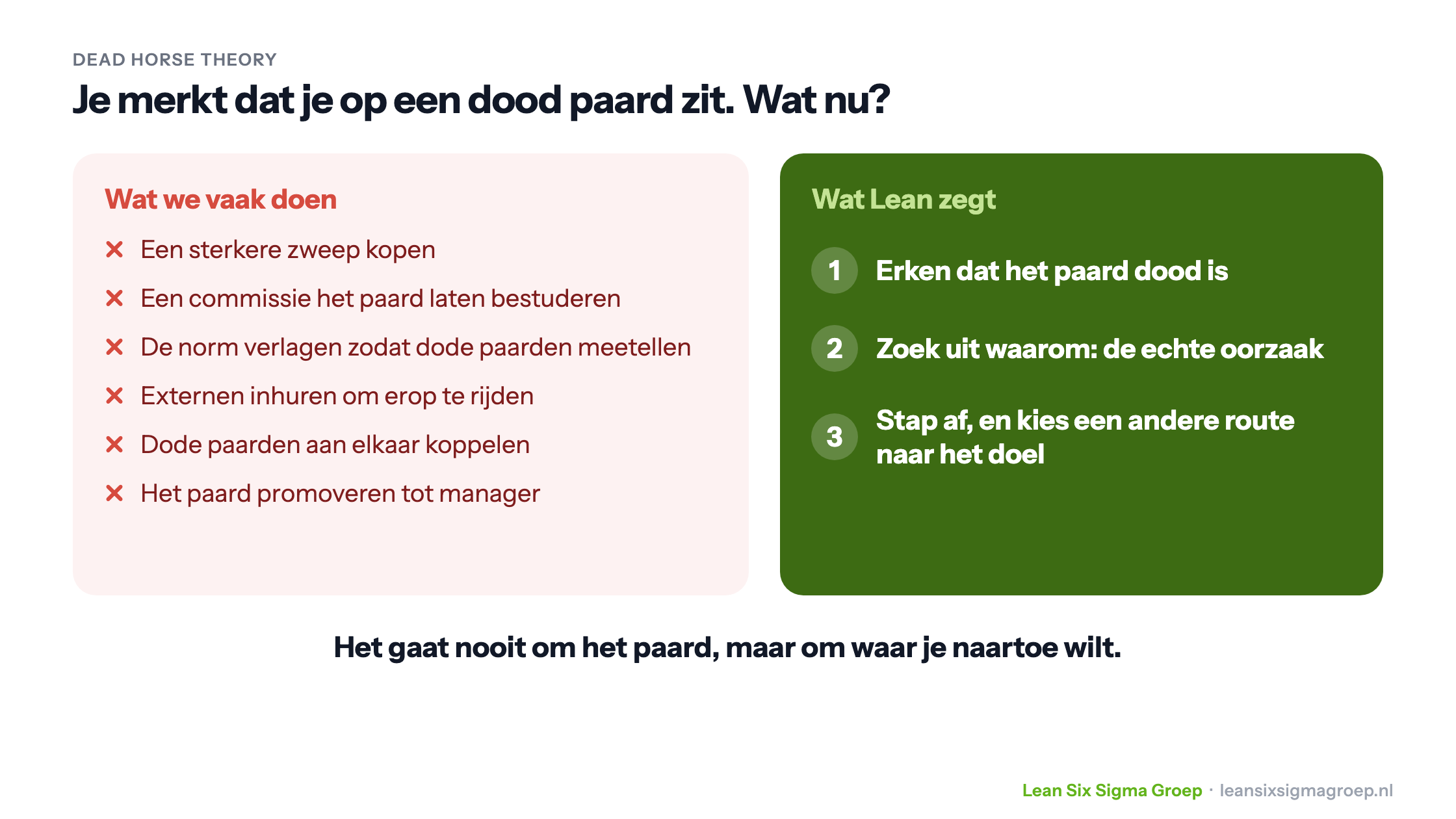 Dead horse theory: wat organisaties doen met een dood paard, zoals een sterkere zweep kopen of een commissie instellen, tegenover wat Lean zegt: erkennen, oorzaak zoeken en afstappen