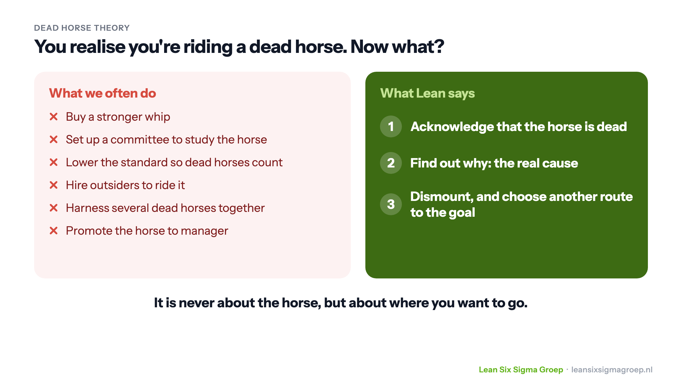 Dead horse theory: what organisations do with a dead horse, such as buying a stronger whip or setting up a committee, versus what Lean says: acknowledge, find the cause and dismount