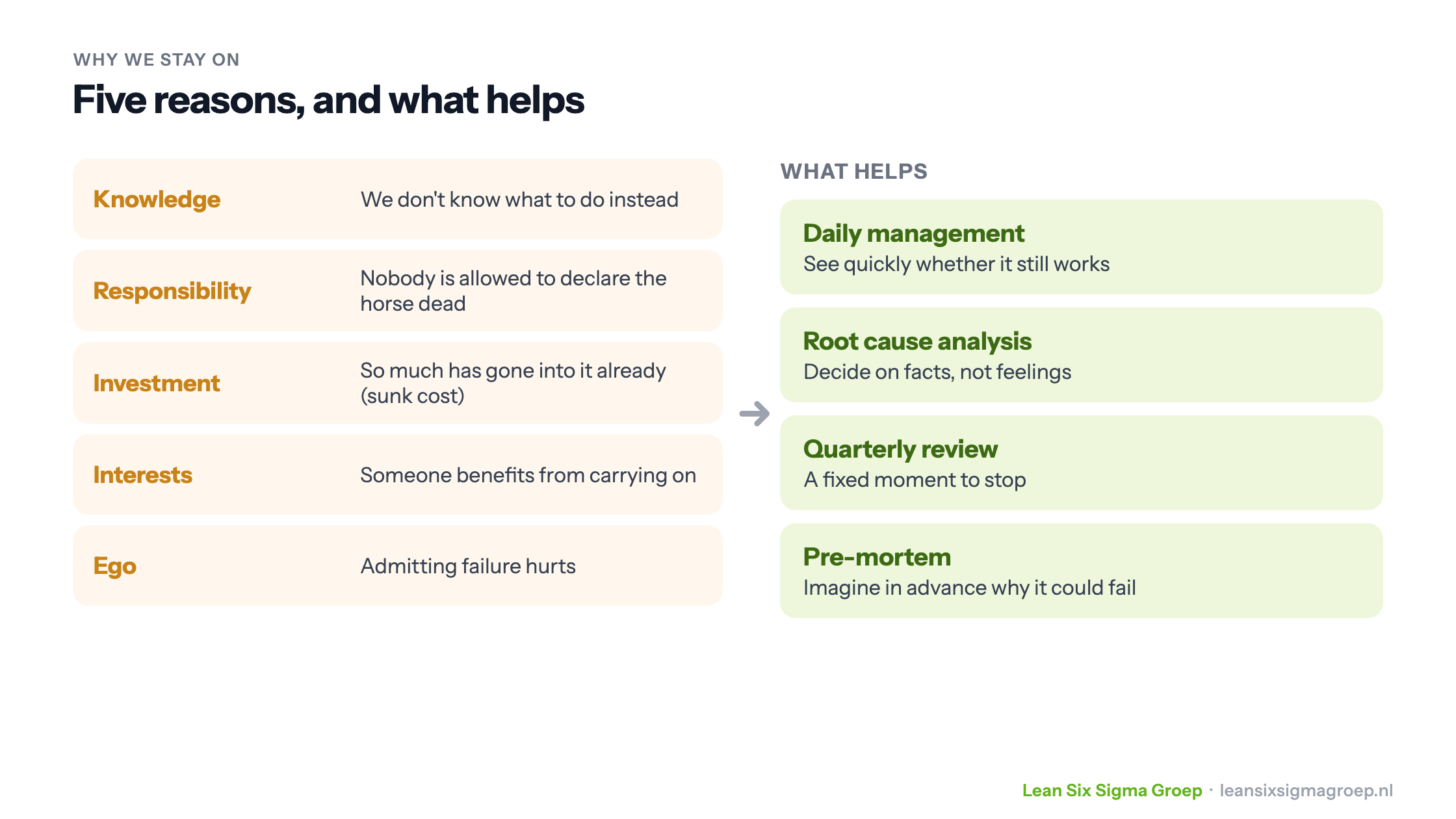 Five reasons organisations stay on a dead horse, and what helps: daily management, root cause analysis, quarterly reviews and a pre-mortem