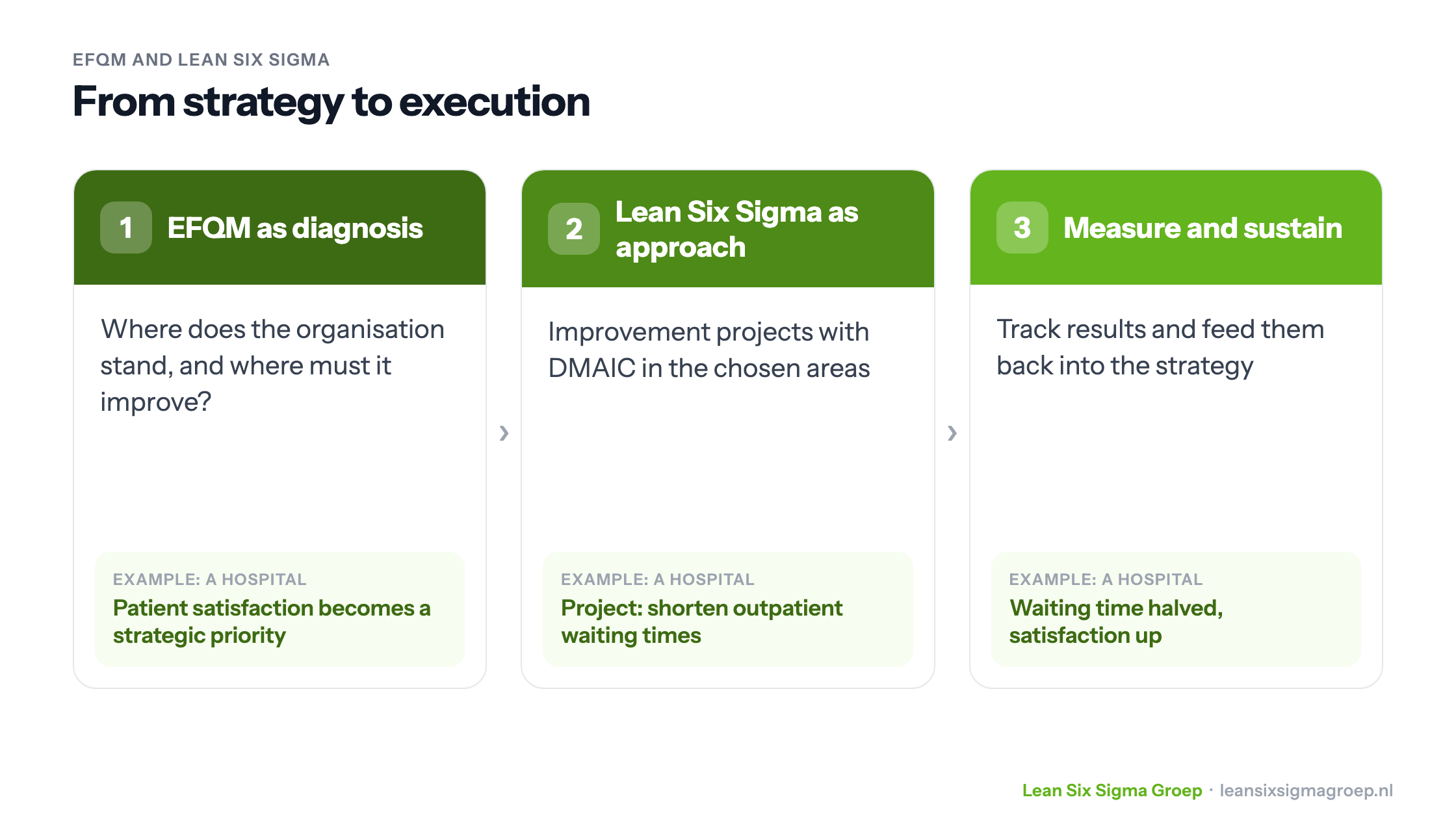 EFQM and Lean Six Sigma from strategy to execution: EFQM as diagnosis, Lean Six Sigma as approach, measure and sustain, with a hospital example