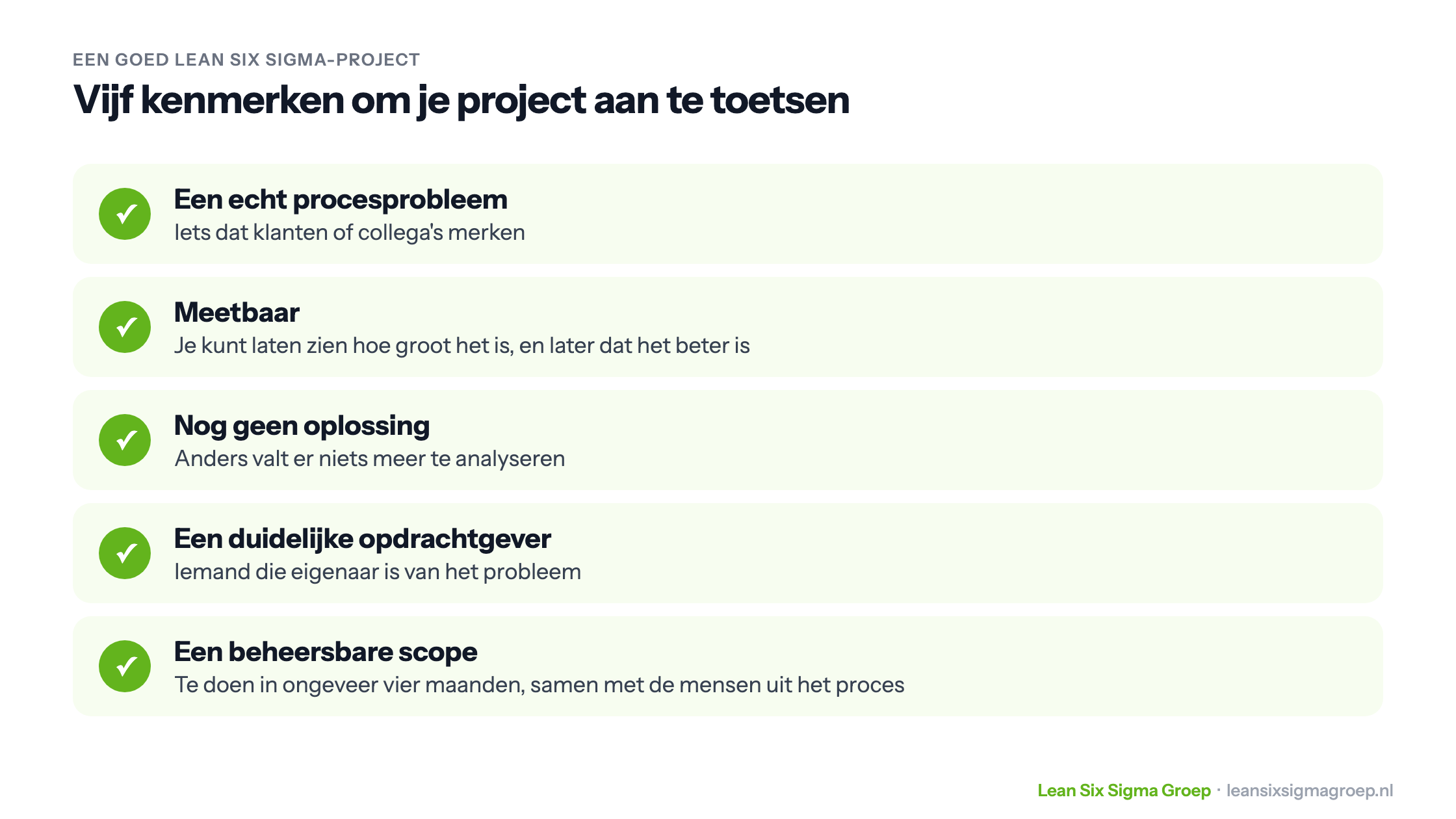 Vijf kenmerken van een goed Lean Six Sigma-project: een echt procesprobleem, meetbaar, nog geen oplossing, een duidelijke opdrachtgever en een beheersbare scope