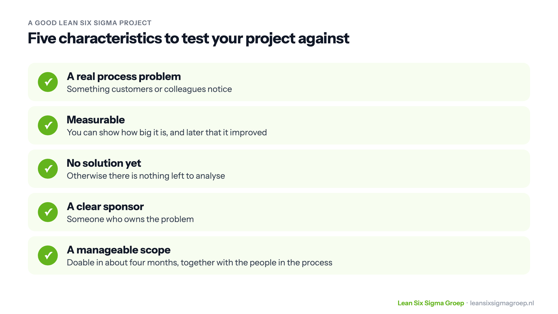 Five characteristics of a good Lean Six Sigma project: a real process problem, measurable, no solution yet, a clear sponsor and a manageable scope
