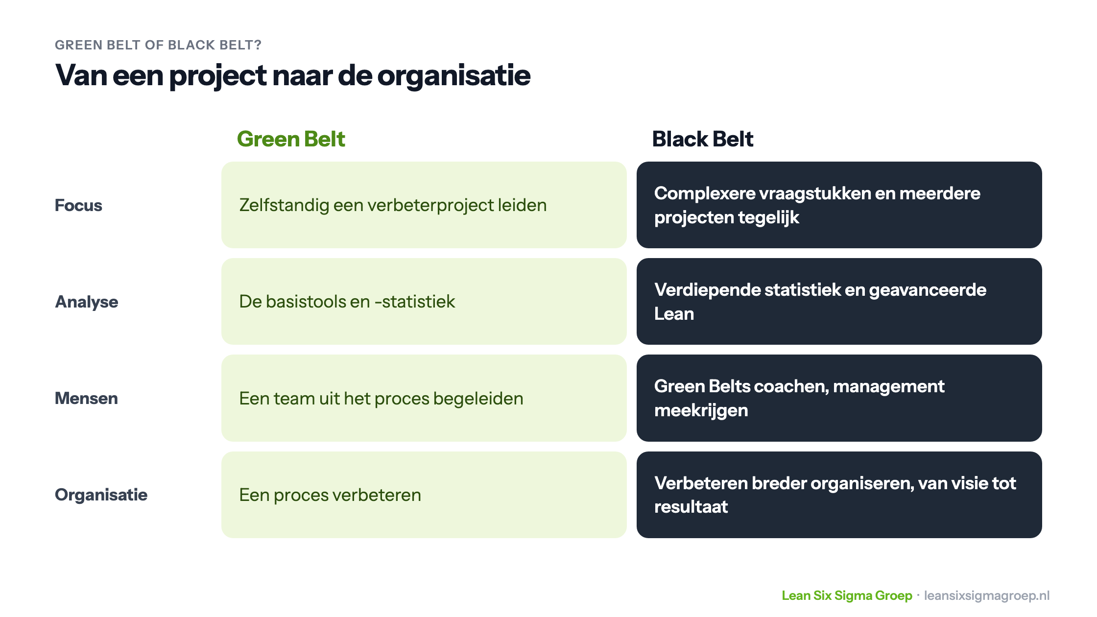 Green Belt tegenover Black Belt: van zelfstandig een verbeterproject leiden naar complexere vraagstukken, Green Belts coachen en verbeteren breder organiseren