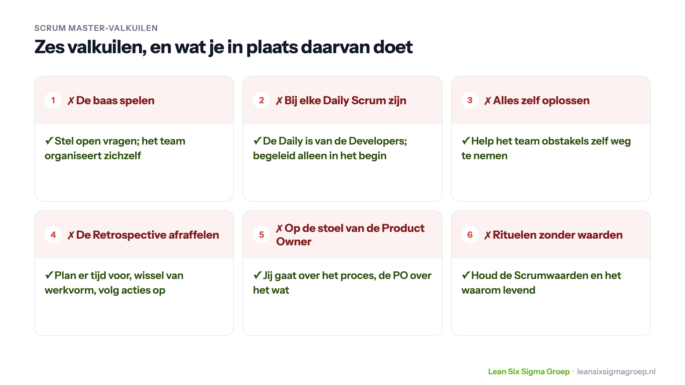 Zes valkuilen voor een Scrum Master met wat je in plaats daarvan doet, van de baas spelen en alles zelf oplossen tot rituelen zonder waarden