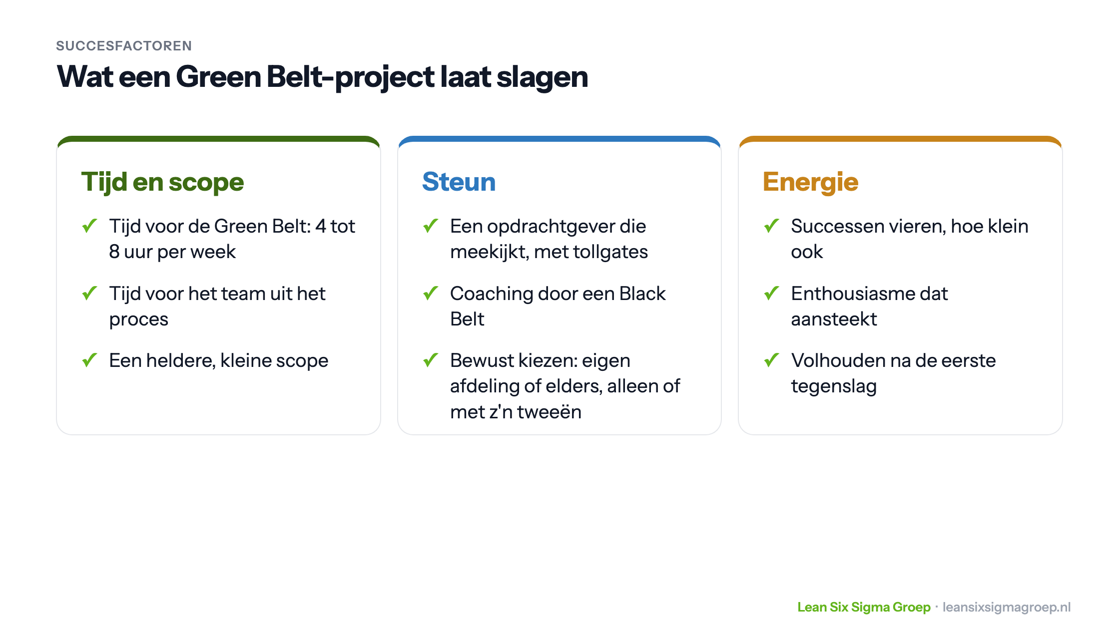 Succesfactoren van een Green Belt-project in drie groepen: tijd en scope, steun van opdrachtgever en Black Belt, en energie door successen te vieren en vol te houden